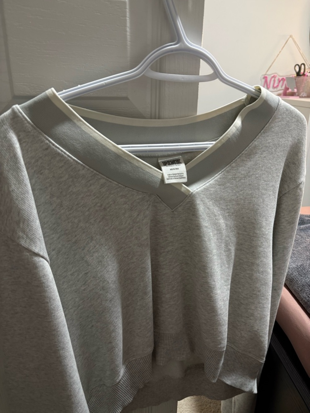 PINK Victoria's Secret Light Gray V-Neck Sweatshirt with Cream Trim